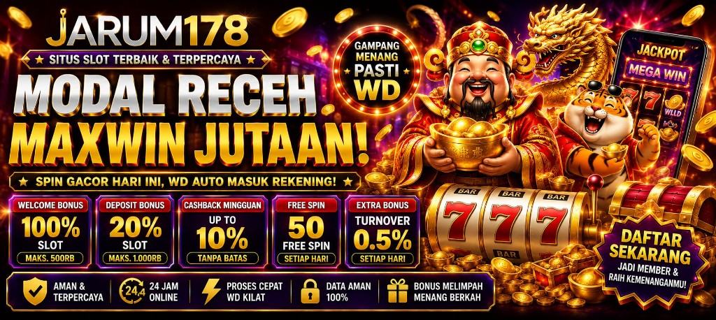 Banner BEWOKWIN modal receh cuan jutaan — bonus slot bonus win 100%, cashback help desk, free spin tier royal